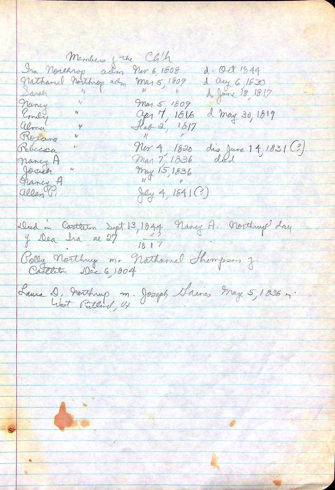 NORTHROP family of Castleton - 7 Castleton Church members